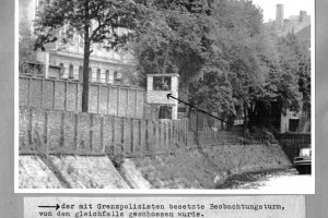 Peter Göring, shot dead at the Berlin Wall: West Berlin police crime site photo of the East Berlin border police observation tower at the Spandauer Schiffahrts Canal near the Sandkrug Bridge [May 23, 1962]