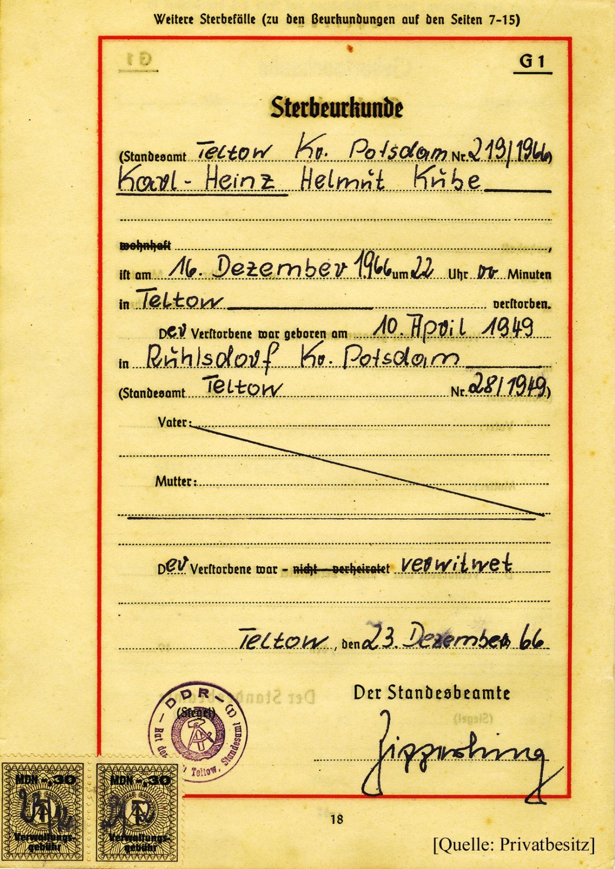 Karl-Heinz Kube, shot dead at the Berlin Wall: Death certificate from Dec. 23, 1966 Karl-Heinz Kube, shot dead at the Berlin Wall: Death certificate from Dec. 23, 1966