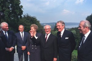 Erich Honecker, Oskar Fischer and Günter Mittag visiting Berthold Beitz, chairman of the board of directors of Friedrich Krupp GmbH, 1987