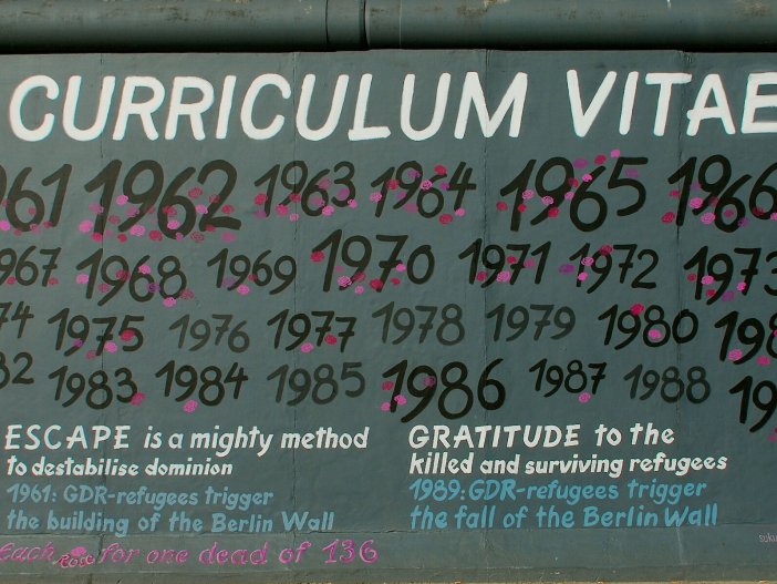 Curriculum Vitae Foto des Kunstwerks. Unter dem Titel und den Jahreszahlen von 1961 bis 1989 steht: Escape is a mighty method to destabilise dominion. Gratitude to the killed and surviving refugees. 1961: GDR refugees trigger the building of the Berlin Wall. 1989: GDR refugees trigger the fall of the Berlin Wall. Each rose for one dead of 136.